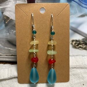 Handcrafted Multicolor Sea Glass Drop Earrings - Unbranded